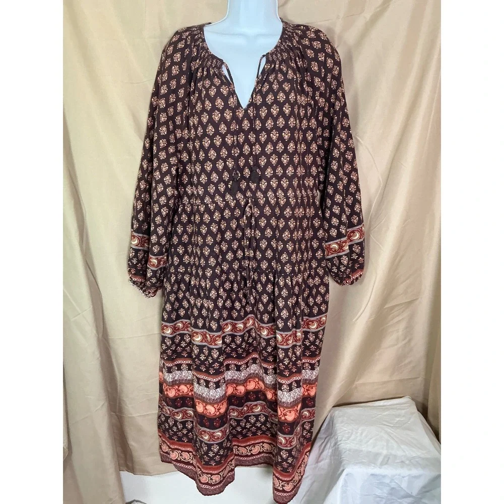 Old Navy Boho Midi Dress Womens Medium Brown Floral Tiered Excellent Tassel Tie